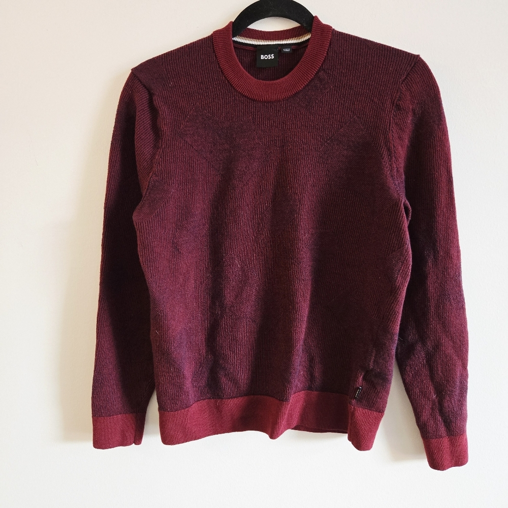 BOSS HUGO BOSS I M Double Knit Virgin Wool 3D Crewneck Sweater I blue red